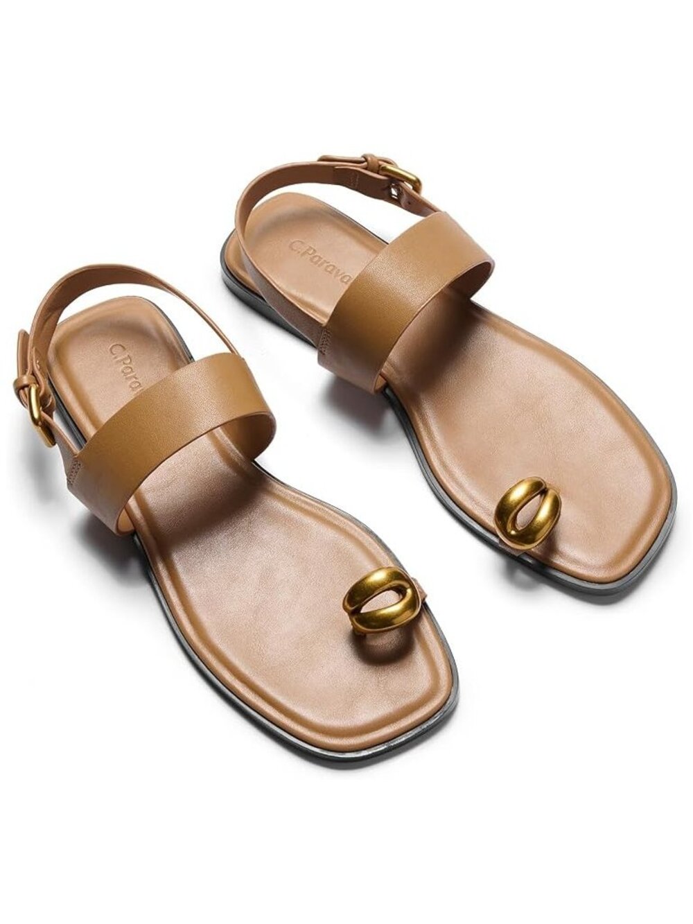 C.Paravano Genuine Leather Light Brown Flat Sandals w/Gold Toe Loop Sz 6.5 NEW!